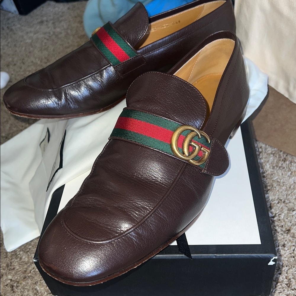 Gucci Men's Dark Brown Leather Loafers with Green and Red Stripe 10 1/2 - Picture 2 of 4